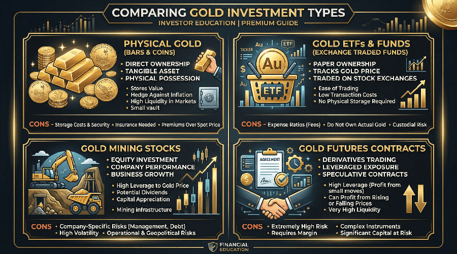 Infographie comparant quatre types d'investissement dans l'or : or physique, ETF, actions minières et futures — divisés en quatre quadrants sur fond sombre avec accents dorés