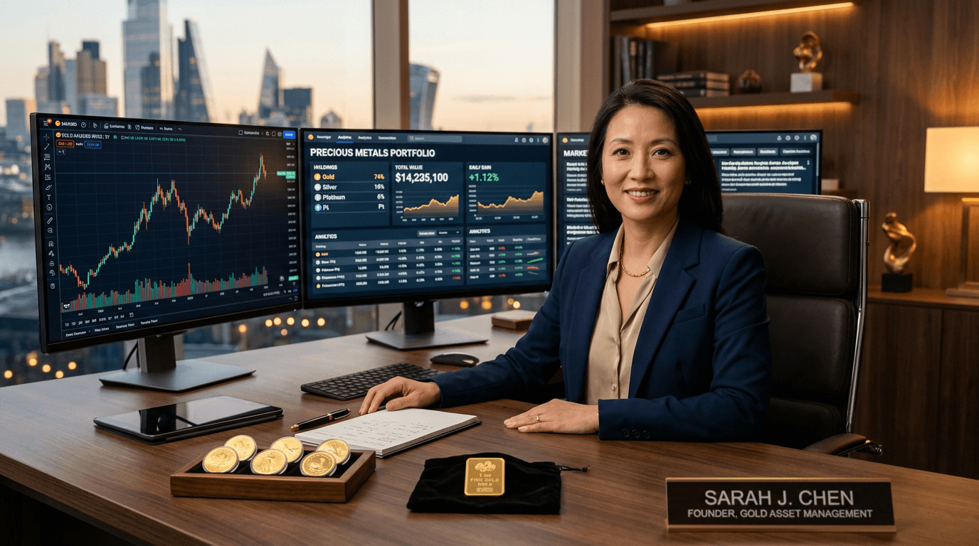 Expert investor analyzing gold price today and precious metals portfolio — gold investing strategy GoldMiner.cc