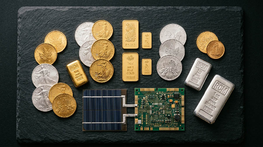 Gold coins and silver bars alongside solar panel circuit board — silver industrial demand and investment