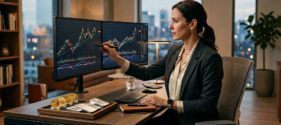 Investor analyzing gold and silver precious metals portfolio strategy on dual screens